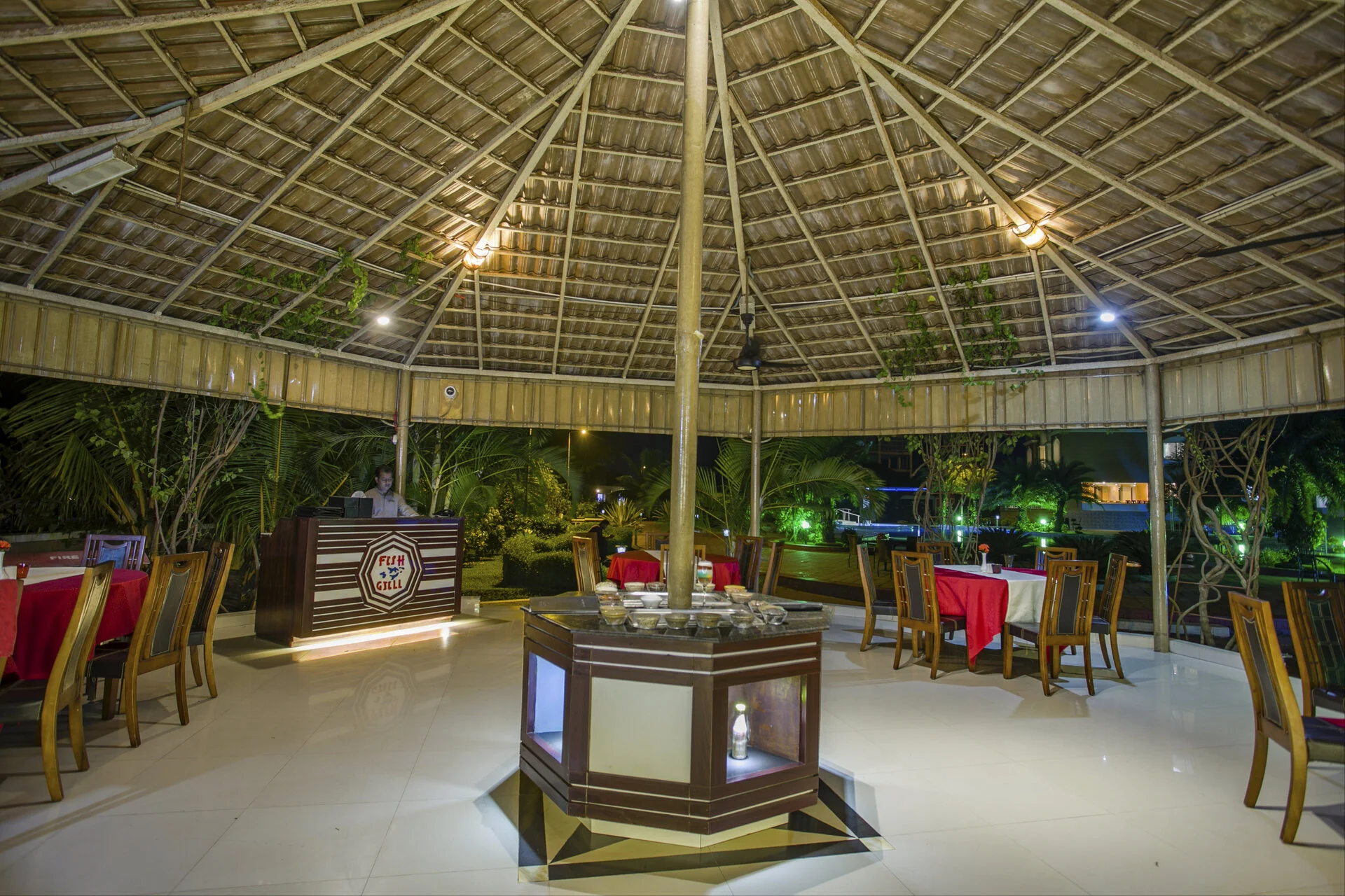 Fish n Grill seafood restaurant terrace at night