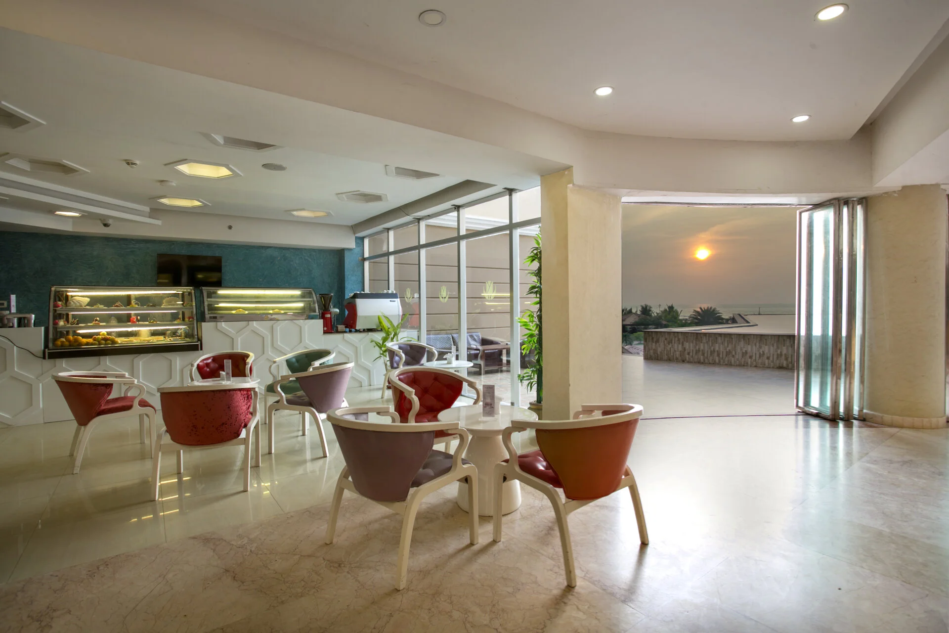 Café and pastry lounge with sunset ocean views